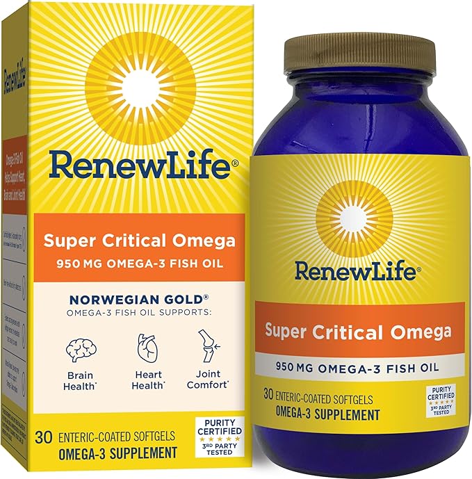 Renew Life Norwegian Gold Super Critical Omega Softgels, Daily Supplement Supports Heart, Brain and Joint Health, EPA and DHA Omega-3 Fish Oil, Dairy and gluten-free, 950 Mg 30 Count
