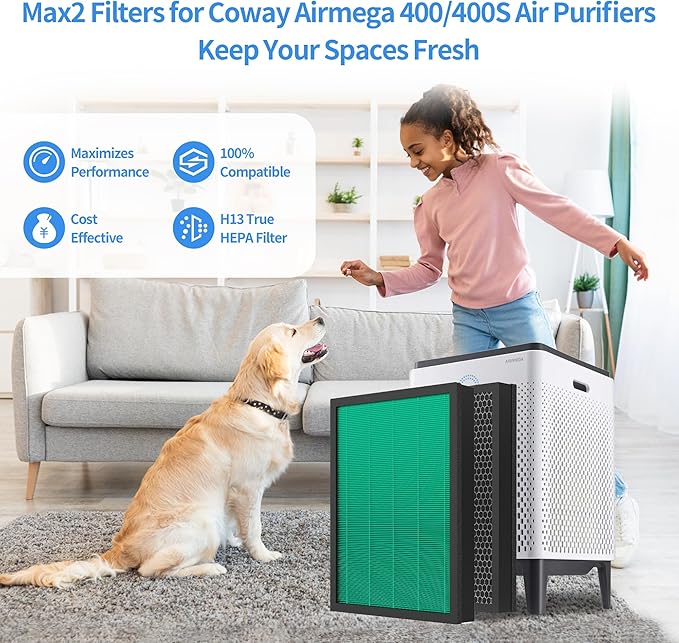Replacement Filter 400/400S Fits for Coway AIRMEGA Max2 400 400S 400(G) 400S(G) Air Purifier, 2-in-1 Max2 Green True HEPA and Active Carbon Filter 1 Set, AP-2015-FP 2 Pack