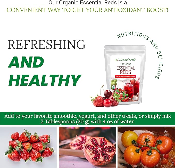 Z Natural Foods Organic Essential Reds, Organic Juice Powder, Super Blend of 10 Red Fruits and Vegetables, Superfood Smoothie Powder, Non-GMO, Vegan, 1 lb