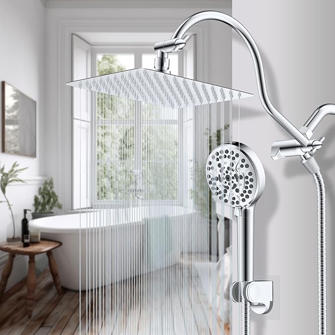 Hibbent All Metal Shower Head, 10'' High Pressure Rainfall Shower Head/Handheld Showerhead Combo with 12'' Adjustable Curve Shower Extension Arm, 10 Sprays, 71'' Shower Hose, Showerhead Holder, Chrome