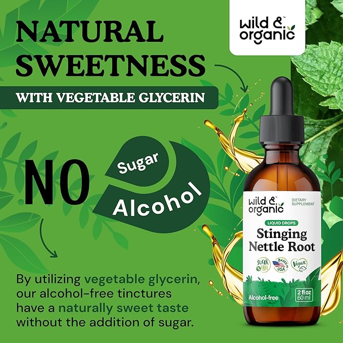 Wild & Organic Stinging Nettle Root Drops - Stinging Nettle Extract Tincture for Men & Women - Liquid Urtica Dioica Supplement - Vegan, Sugar & Alcohol-Free - 2 fl oz
