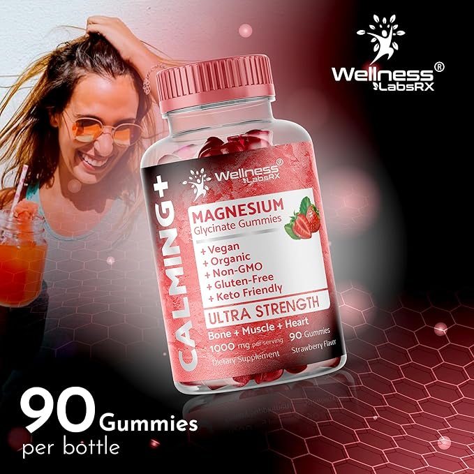 Magnesium Glycinate Gummies, 1000 mg - Magnesium Supplement to Support Relaxation, Heart Health - Chewable Calm Magnesio Gummies for Adults, Glicinato De Magnesio - Strawberry Flavor - Pack of 2
