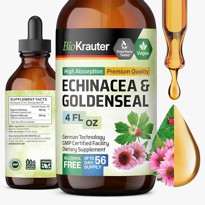 BIO KRAUTER Echinacea and Goldenseal Root Liquid Extract - Natural Immune Support - Echinacea Drops with Goldenseal - Vegan, Alcohol & Sugar Free Tincture - 4 Fl.Oz.