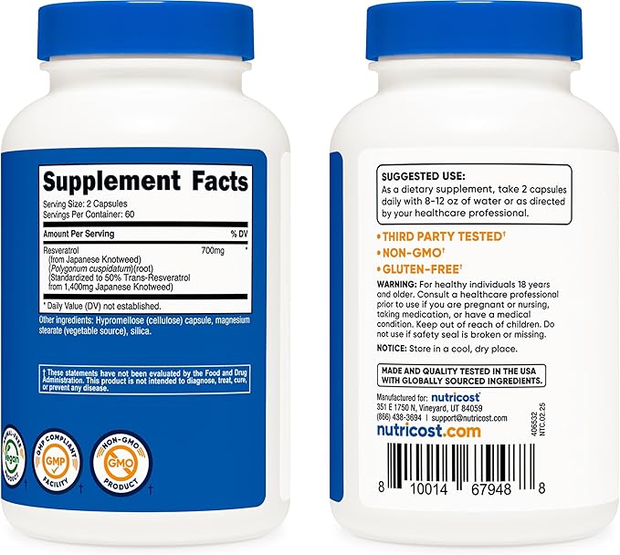 Nutricost Resveratrol 700mg; 120 Vegetable Capsules - 50% Trans-Resveratrol (2 Bottles)