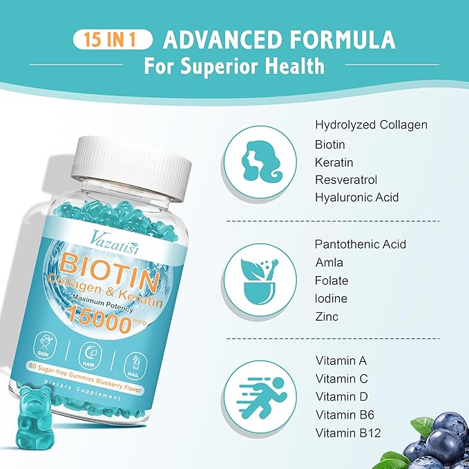 Biotin and Collagen Gummies with B12, Hair Skin and Nails Vitamins Gummies for Hair Growth, Glowing Skin & Strong Nails - Blueberry Flavor, Sugar Free, 120 Ct