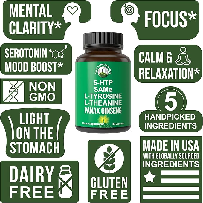 Peak Performance Mood Support Supplement with 5 Top Ingredients: 5HTP, SAM e, L Tyrosine, L Theanine, and Panax Ginseng. Calm, Focus, Relaxation Supplements. Vegan