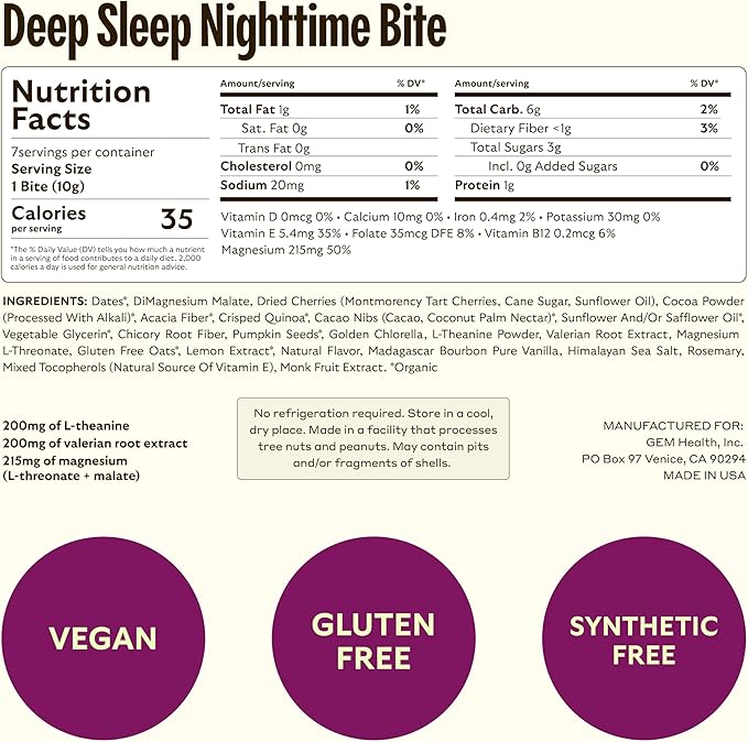 GEM Sleep Aid, Nighttime Bite, Melatonin Free, L-Theanine, Magnesium, Valerian Root Extract | Vegan and Gluten Free | Earthy Chocolate Cherry, Trial Size (28 Pack)