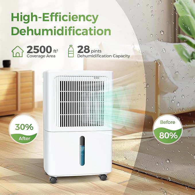 2,500 Sq Ft Home Dehumidifier with Drain Hose, 55 OZ Water Tank, 24 Hr Timer, 34 Pints High Efficiency Compressor for Basement, Bedrooms, Bathrooms and Laundry Rooms