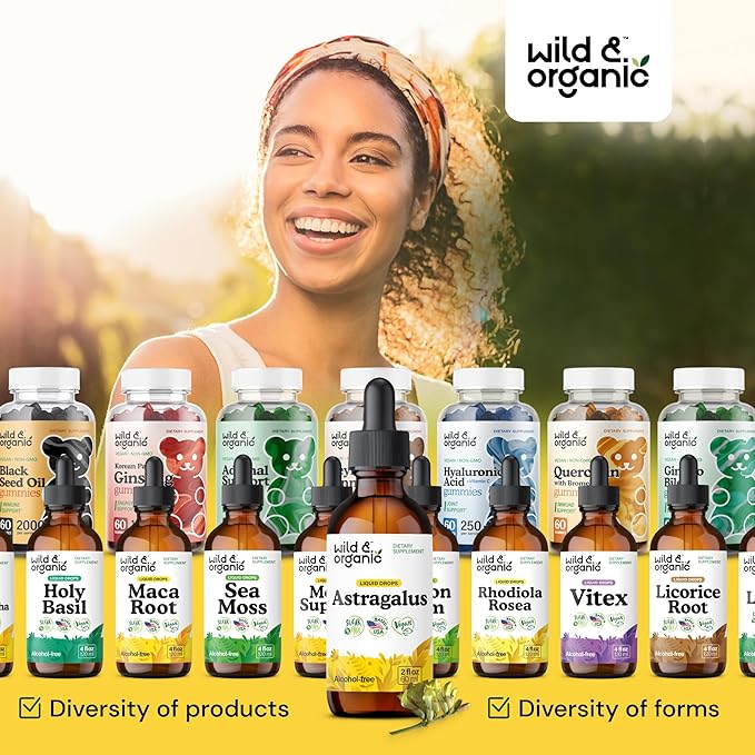 Wild & Organic Astragalus Tincture - Immune Support Drops w/Astragalus Root Extract - Herbal Supplement for Calmness & Relaxation - Vegan, Sugar & Alcohol Free - 2 fl oz