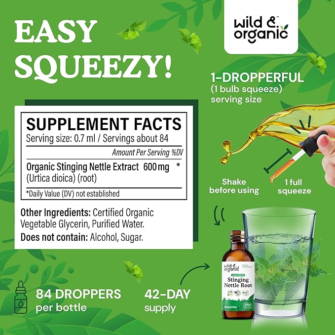 Wild & Organic Stinging Nettle Root Drops - Stinging Nettle Extract Tincture for Men & Women - Liquid Urtica Dioica Supplement - Vegan, Sugar & Alcohol-Free - 2 fl oz