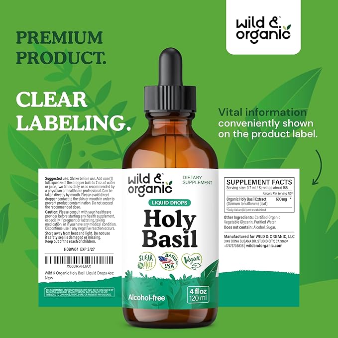 Wild & Organic Holy Basil Tincture - Relaxation & Calmness Support - Liquid Holy Basil Leaf Supplement - Tulsi Drops - Vegan, Sugar & Alcohol-Free Extract - 4 fl oz