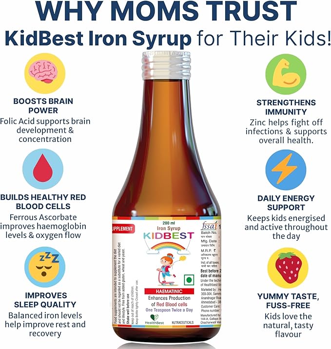 Liquid Iron Syrup for Kids – Triple Action with Folic Acid and Zinc – Boosts Hemoglobin, Appetite, and Immunity – No Metallic Taste – 200ml Liquid Supplement, Safe & Effective