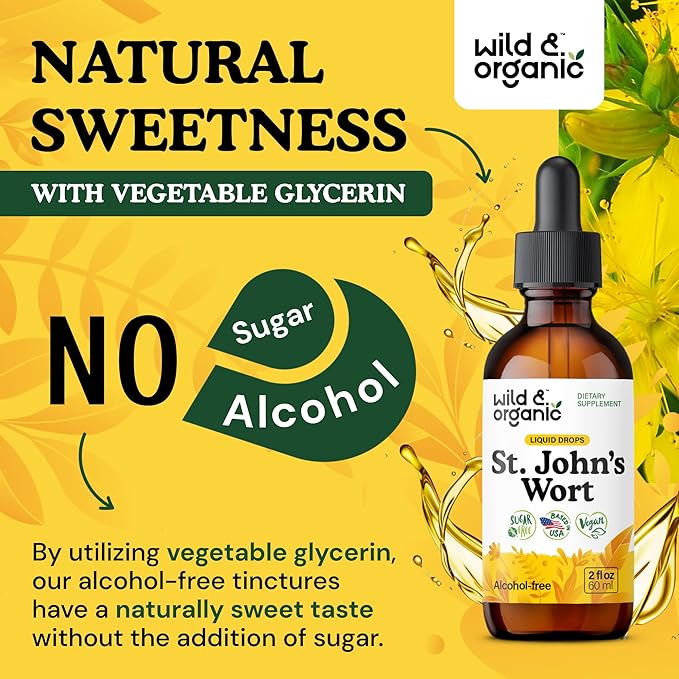 Wild & Organic St Johns Wort Tincture - Mood Support - Relaxing St. John's Wort Supplement - Liquid Hypericum Perforatum Herb Drops - Vegan, Sugar & Alcohol-Free - 2 fl oz