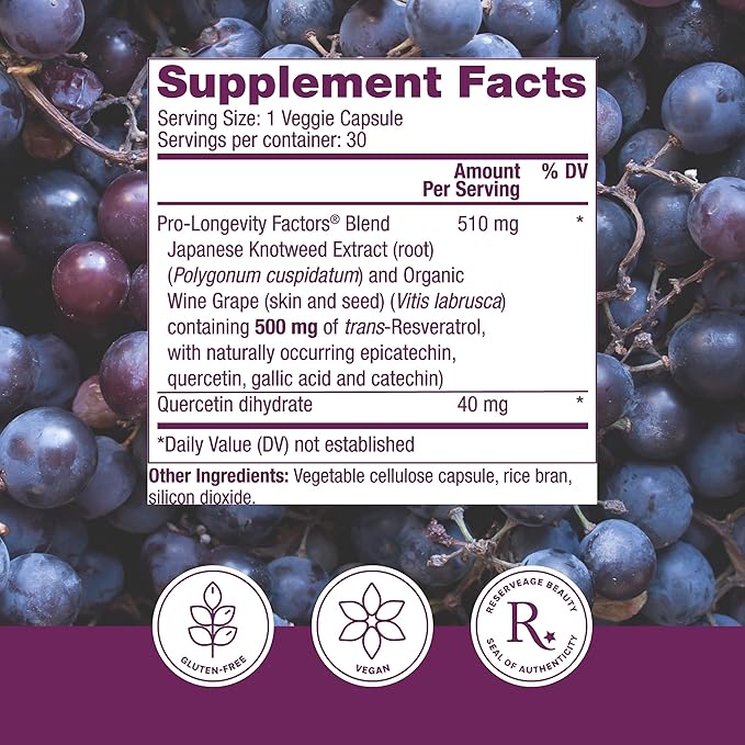 Reserveage Beauty, Resveratrol 500 mg, Antioxidant Supplement for Heart and Cellular Health, Supports Healthy Aging and Immune System, Paleo, Keto, 30 Capsules