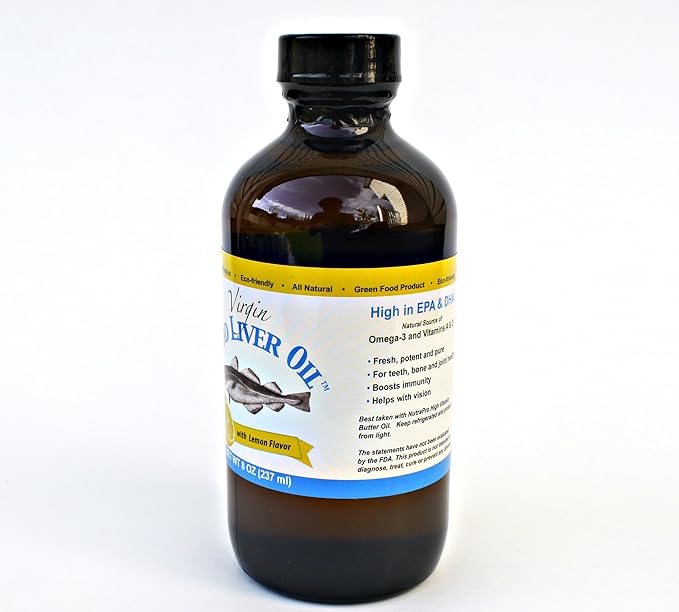 Virgin Cod Liver Oil - 8 Fl oz Natural, Wild Caught & Fresh Tasting,.High in Vitamin D, Omega 3 DHA/EPA (Lemon Flavored)