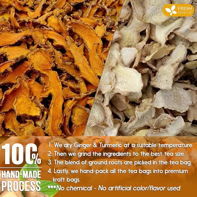 FRESHDRINKUS Premium 65 Turmeric Ginger Tea Bags, 100% Natural Ingredients, Hand-made Blend of and Ginger, Eco-conscious Bags. Herbal Tea. No Sugar, Caffeine, Gluten, Vegan.