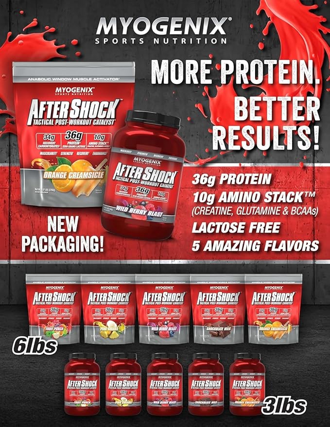 Myogenix Aftershock Post Workout, Muscle Growth Whey Protein Powder | Anabolic Whey Protein and Mass Building Carbohydrates | Amino Stack Creatine and Glutamine Plus BCAAs | Orange Creamsicle - 3 LBS