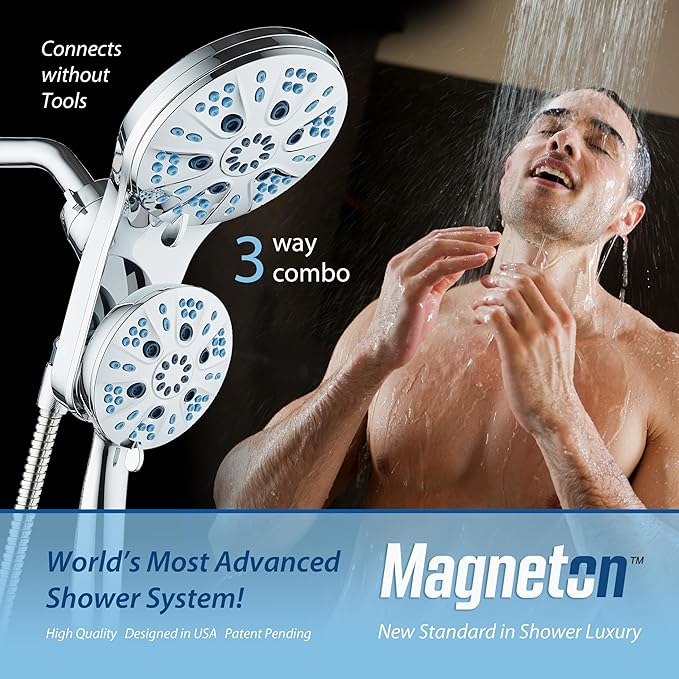 AquaCare Magneton High-Pressure 48-mode Luxury 3-way Combo System with Magnetic Guidance Docking, Giant Rain & Handheld Shower Head, Hygienic Jets and 6 ft. Stainless Steel Hose, All Chrome Finish