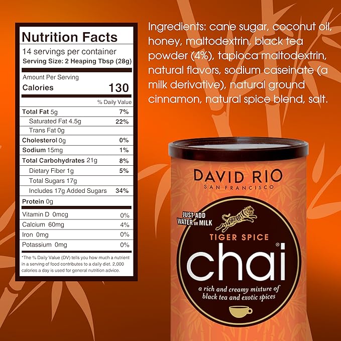 Tiger Spice Chai Tea Latte Mix, 14 Oz, Black Tea, Organic Spices, Dairy Free, Serve Hot or Cold, Just Add Water or Milk, 14 Servings