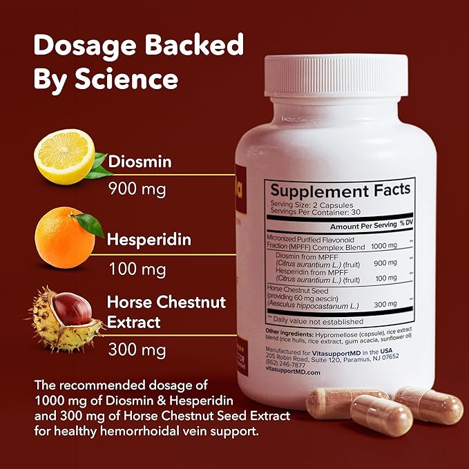 H Formula - Hemorrhoids Supplement, Horse Chestnut Extract 300 mg, Diosmin Hesperidin 1000 mg, for Pain, Itching and Burning Relief, 60 Capsules