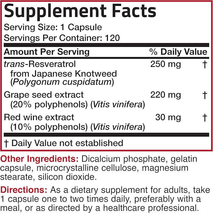 Bronson Resveratrol 500 Complex Standardized Trans-Resveratrol + Grape Seed & Red Wine Extract, 120 Capsules