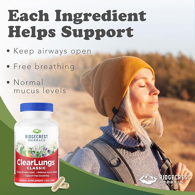 Ridgecrest Herbals ClearLungs Classic, Natural Lung and Nasal Daily Health Supplement for Bronchial, Respiratory, Immune, Sinus, and Mucus Wellness Support, Herbal Formula (120 Caps, 60 Serv)