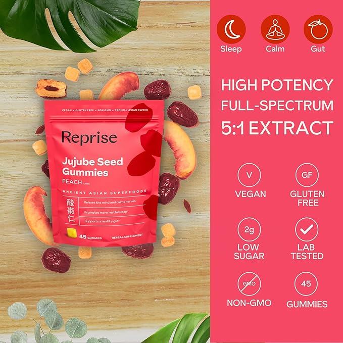 Jujube Seeds in Daily Gummies, 300 mg Full-Spectrum Jujube Seeds, Supports Relaxation & Restful Sleep, 100% Plant Based Vegan & Gelatin Free, Peach Flavored, 45 Gummies