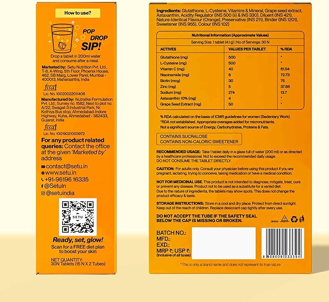 SETU Glutathione Effervescent Tablets with 500mg L-Glutathione & Vitamin C | Sugar-Free Antioxidant Supplement | Orange Flavor (Pack of 4) | 60 Tablets