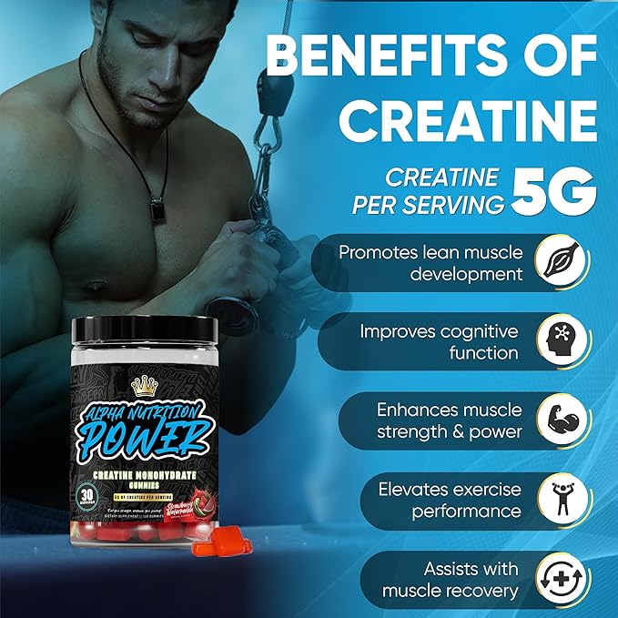 Creatine Monohydrate Gummies 5g for Men & Women, Supplement for Muscle Growth, Energy & Strength, Creatine Gomitas, Sugar-Free Strawberry-Watermelon, Pre-Workout Gummies, 120 ct