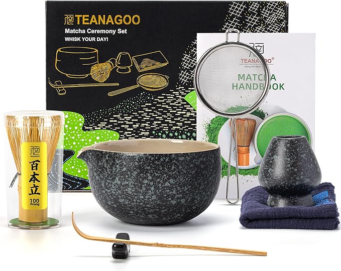 TEANAGOO Matcha Whisk Set Black,7 Pcs Matcha Set,Matcha Kit for Ceremony,Tradition Tea Set for Making Breakfast/Latte,Matcha Whisk Set with Bowl(Chawan)/Whisk and Holder,Gift for Family/Friend