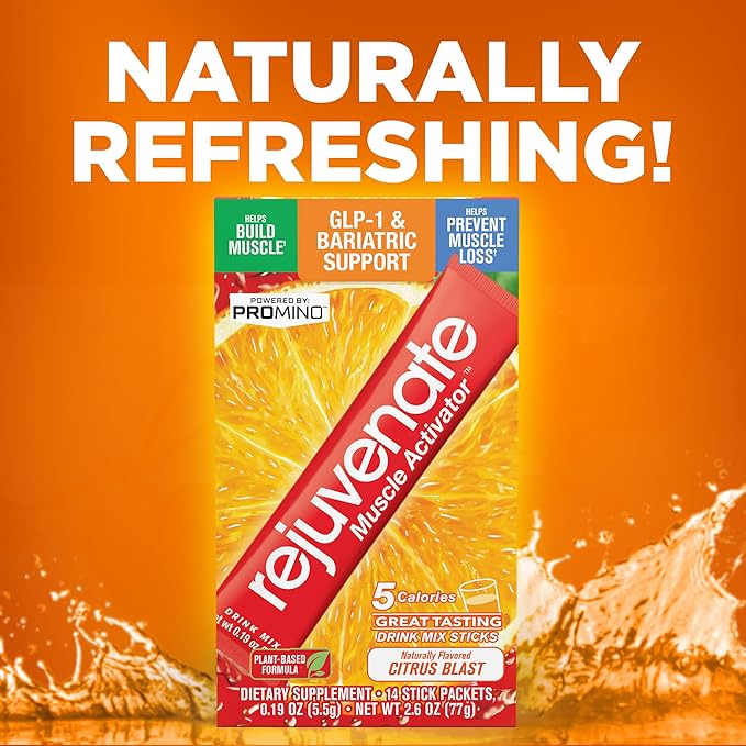 Rejuvenate – 1 Stick Delivers 25g of Whey Protein Equivalency for Muscle Growth & Energy – Essential Amino Blend (EAA + BCAA), GLP-1 & Bariatric Approved, Citrus Blast, 30 Count