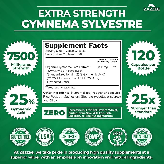 Zazzee Organic Gymnema Sylvestre 25:1 Extract, 7500 mg Strength, 25% Gymnemic Acid, 120 Vegan Capsules, 4 Month Supply, Standardized and Concentrated 25X Extract, All-Natural and Non-GMO
