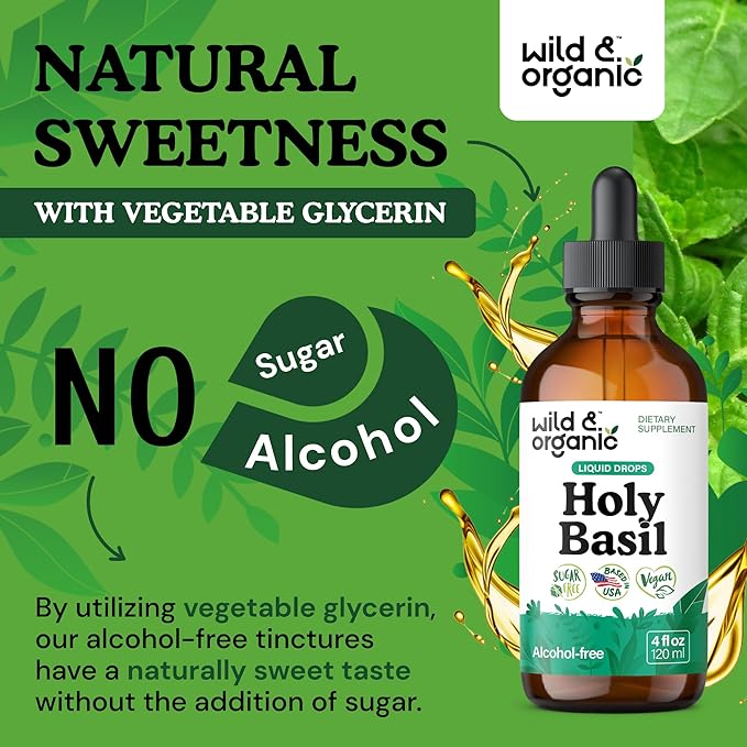 Wild & Organic Holy Basil Tincture - Relaxation & Calmness Support - Liquid Holy Basil Leaf Supplement - Tulsi Drops - Vegan, Sugar & Alcohol-Free Extract - 4 fl oz