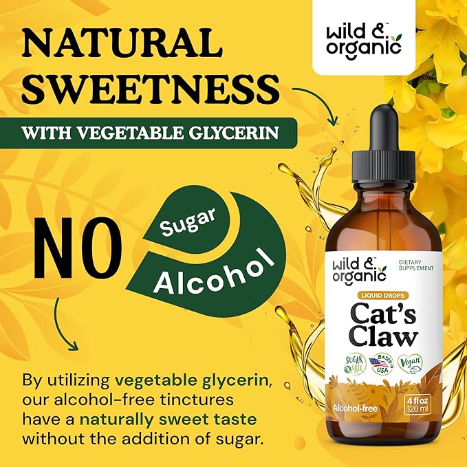 Wild & Organic Cats Claw Tincture - Immune Support Supplement - Cats Claw Herb Liquid Extract - Vegan, Sugar & Alcohol-Free Bark Based Drops - 4 fl oz