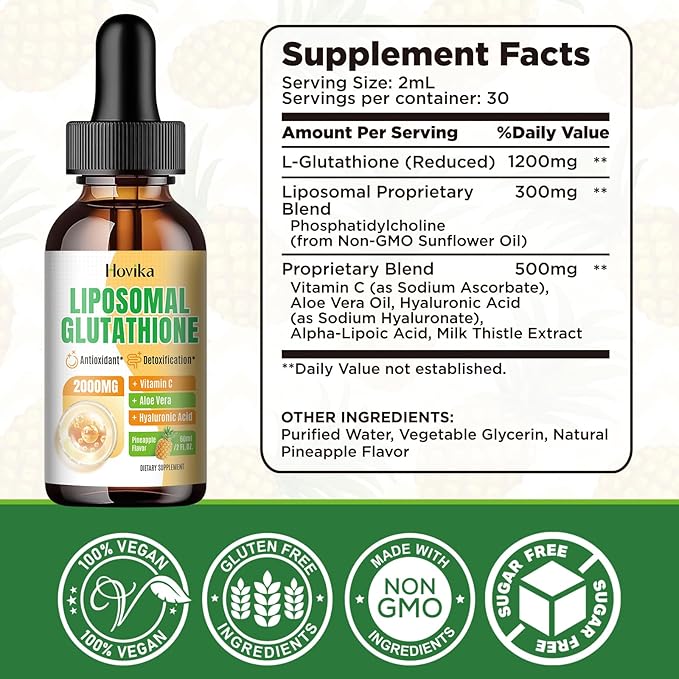 Liposomal Glutathione Supplement 2000mg, Liquid Glutathione Drops with Vitamin C, Master Antioxidants for Immune System, Aging Defense, Skin Health, Liver Detox -Superior Absorption, Pineapple 2 Fl Oz