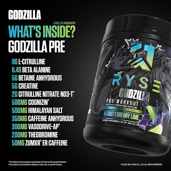 RYSE Godzilla X Noel Deyzel Pre Workout Powder - Monsterberry Lime - 400mg Caffeine, High Stim Pre-Workout for Men & Women with Citrulline & Beta Alanine - Energy, Pump & Focus - 20/40 Servings