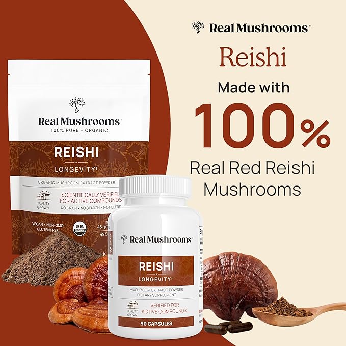 Real Mushrooms Reishi Mushroom Capsules - Handpicked Organic Mushroom Extracts - Red Reishi for Tranquil Daily Wellness with Verified Beta Glucans Vegan, Non-GMO, No Grain Fillers, 90 ct