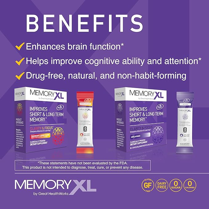 MemoryXL, Magnesium L-Threonate: Brain Supplement for Memory & Focus; Magtein®, Phosphatidylserine, Vitamin Mix. Improves Memory Focus Attention Learning & Logic. 0 Sugar, 0 Cal, 30pk Cranberry Lemon