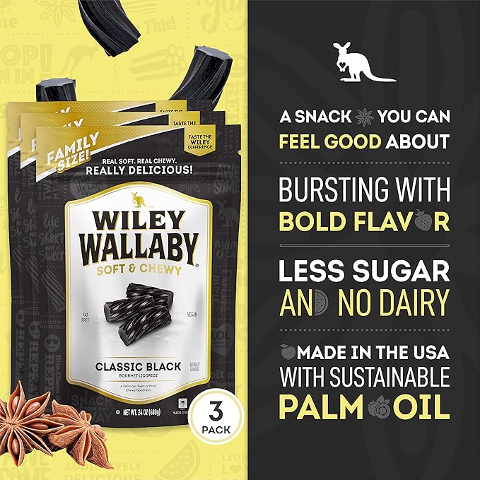 Wiley Wallaby Licorice 24 Ounce Classic Gourmet Soft & Chewy Australian Black Licorice Candy Twists, 3 Pack