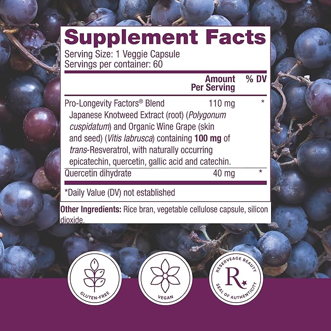 Reserveage Beauty, Resveratrol 100 mg, Antioxidant Supplement for Heart and Cellular Health, Supports Healthy Aging and Immune System, Paleo, Keto, 60 Capsules (60 Servings)