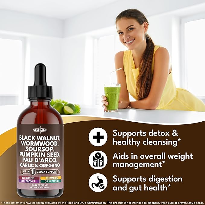 Black Walnut Wormwood Cleanse Drops - Liquid Soursop, Garlic, Pumpkin Seed, PAU D'Arco, Oil of Oregano, Turmeric, Berberine, Neem Extract, Hull Bark, Tincture - 8oz