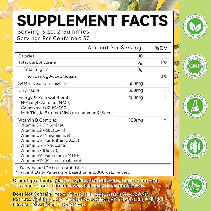 SAM-e L-Tyrosine Gummies with NAC, CoQ10 & Vitamin B Complex, 1600mg SAM e, 1500mg L Tyrosine Supplement for Energy, Cellular Antiox Protection, Neurotransmitter Support, Enhance Emotional Well-being