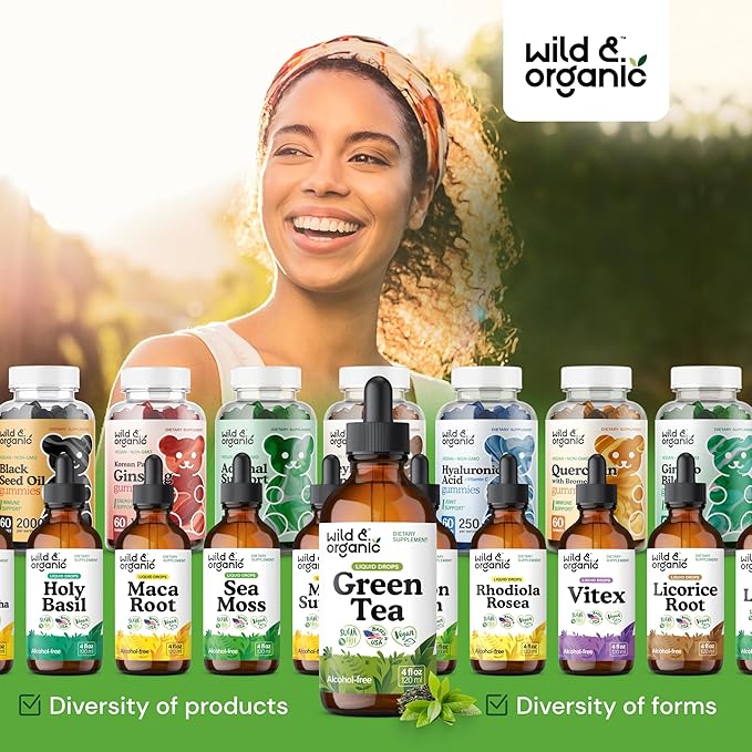Wild & Organic Green Tea Extract Liquid Drops - Antioxidant-Rich Green Tea Supplement - 2-Month Supply - Vegan, Sugar & Alcohol-Free Camellia Sinensis Tincture - 4 fl oz