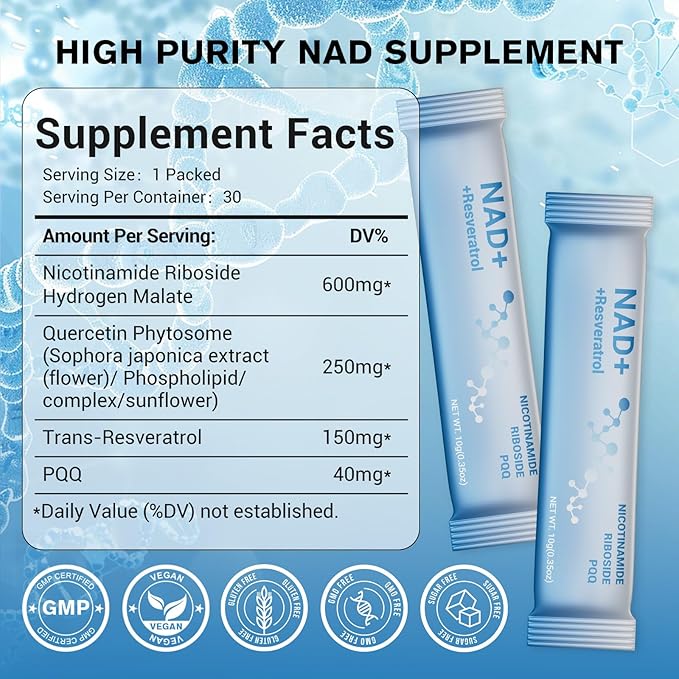Premium NAD+ Liquid Supplement, 1000mg Per Serving, Nicotinamide Riboside & Resveratrol with PQQ, Pure Organic, Fast-Absorbing for Cellular Energy & Healthy Aging - 30 Packs
