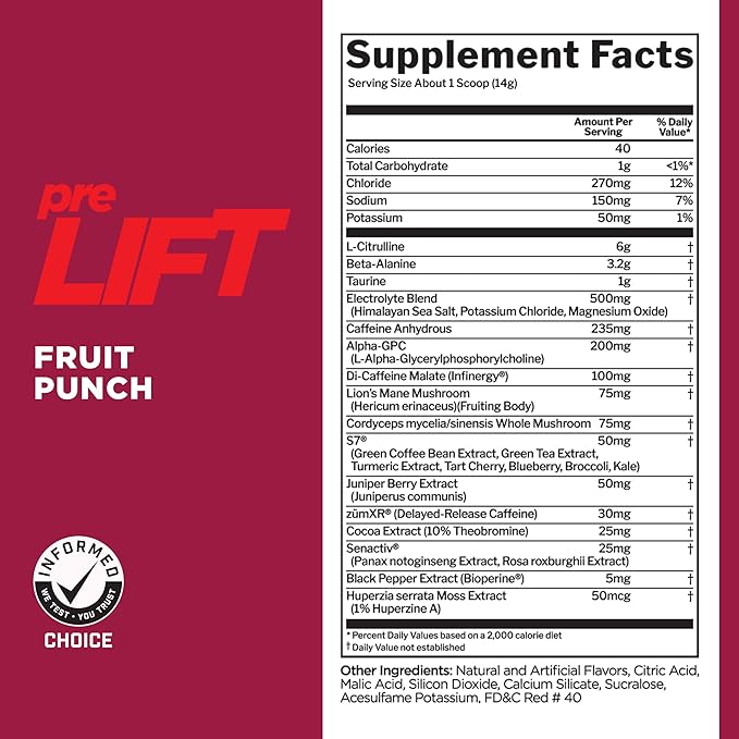 Rule 1 preLIFT Pre-Workout - 6g Citrulline, 3.2g Beta Alanine, 3 Caffeine Sources + 20 Others for Energy, Alertness, & Endurance (30 Servings, Fruit Punch)
