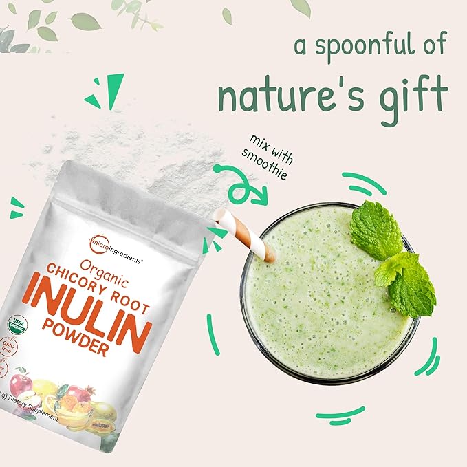 Micro Ingredients Organic Inulin Fiber Powder, 2lb | Natural Prebiotic to Support Digestive & Gut Health | Soluble, Easily Digestible | Unflavored, Vegan