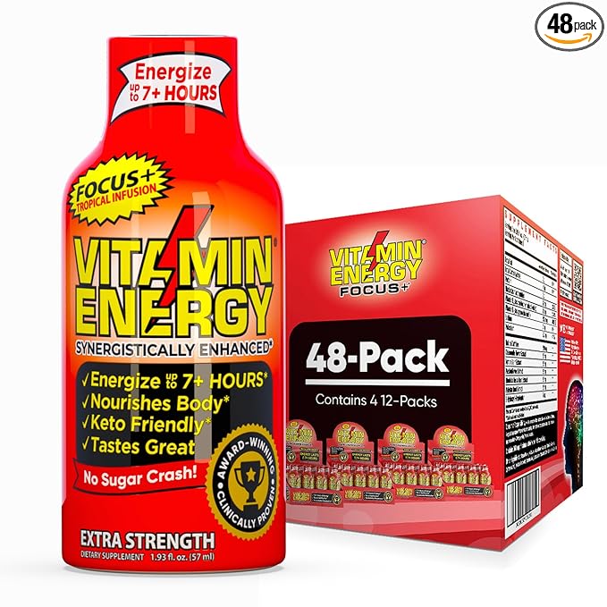 Vitamin Energy Focus+ Extra Strength Daily Energy Shot – Tropical Infusion – 260mg Natural Caffeine, 100% DV B-Vitamins – Focus & Productivity Support – Zero Sugar, Vegan, Kosher – 1.93 fl oz, 48-Pack