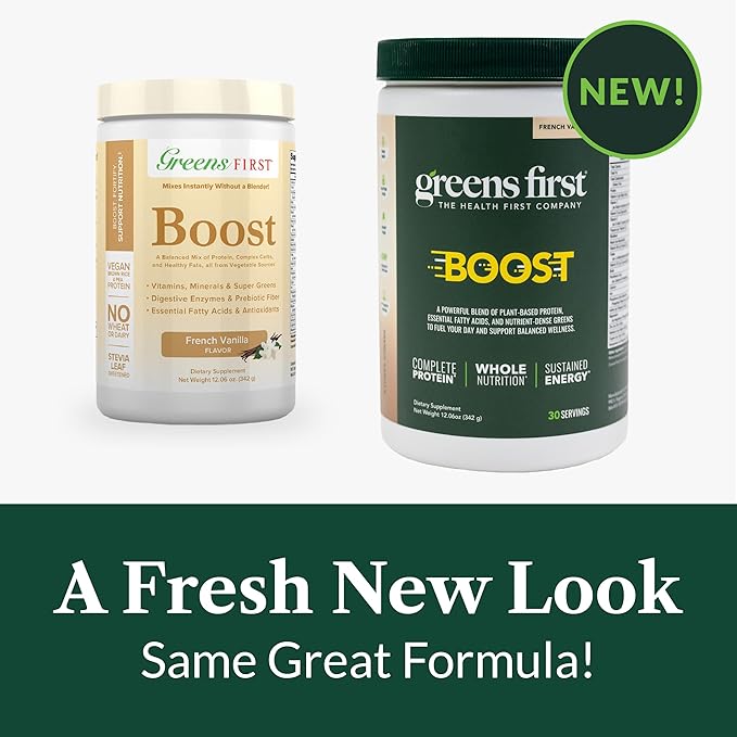 Greens First Boost - Plant-Based Protein & Balanced Nutrition - Superfood Shake Mix - No Wheat or Soy - Dairy-Free - Vegan - French Vanilla, 12.06 oz.