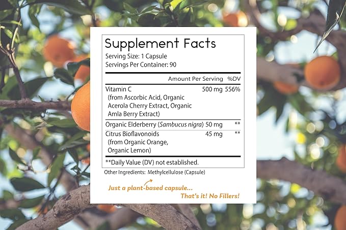 Thomas' all-natural Remedies Vitamin C with Organic Elderberry, Organic Citrus Bioflavonids - Whole Food Supplement - Non-GMO - Raw Vegan - 90 Capsules