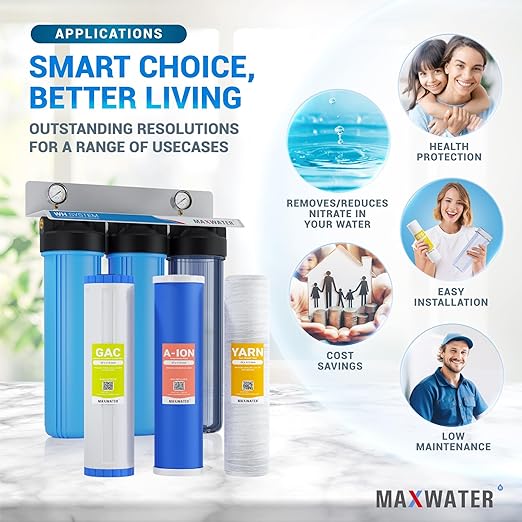 Max Water 3 Stage Nitrate Removal 3 Stage 20"X 4.5" Whole House Water Filter System - Wound Sediment + Anion Resin Nitrate Reduction + GAC - 1" Inlet/Outlet
